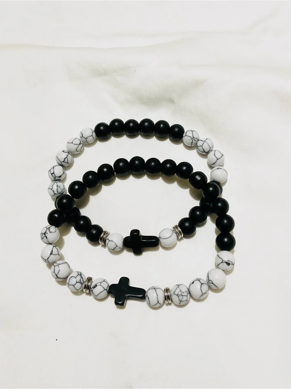 Men's Black & White Cross Beaded Bracelet Set